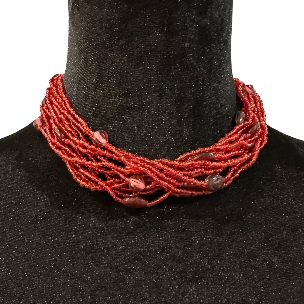 Torsade Necklace Red Beaded Casual Career Adjustable Length